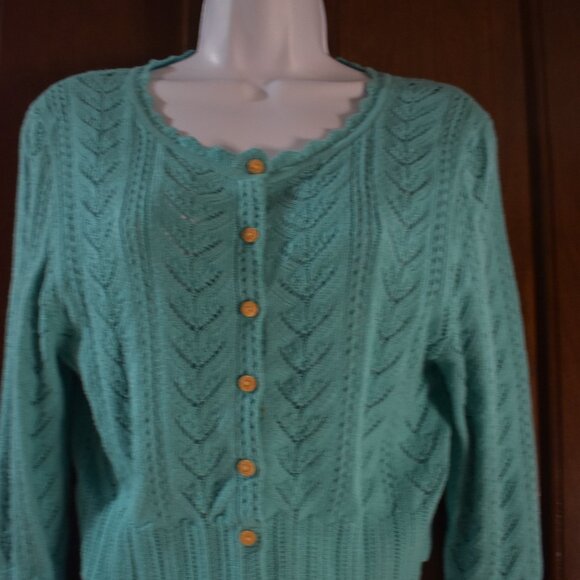Express Teal Cropped Cotton Knit Cardigan Sweater Size Large - Picture 3 of 15
